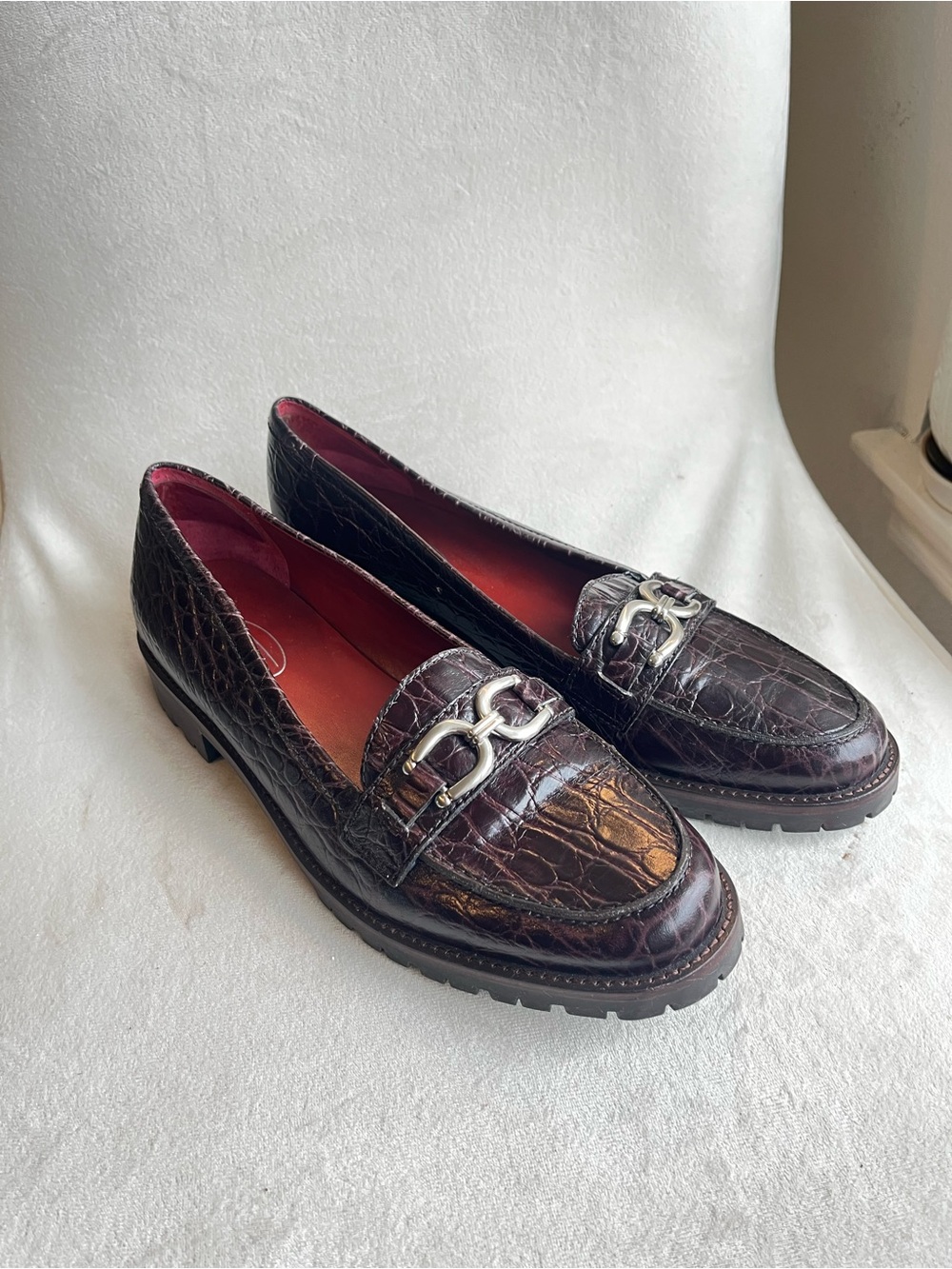 Talbots Dark Brown Croc-Embossed Leather Loafers with Silver Bit leather office